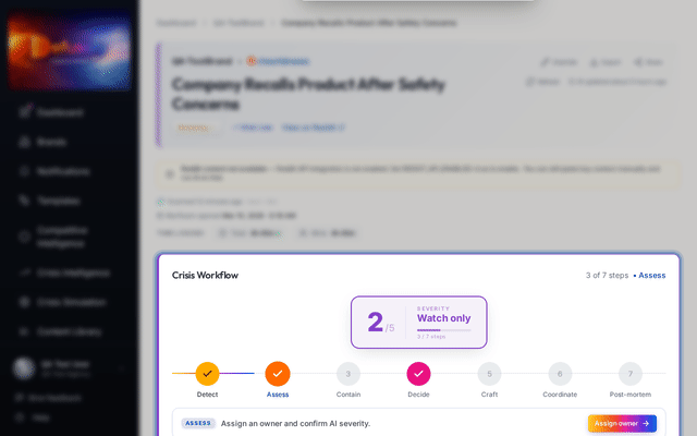War Room showing the 7-step crisis workflow bar from Detect through Post-mortem, severity score 3/5 Elevated, AI analysis with response timing guidance