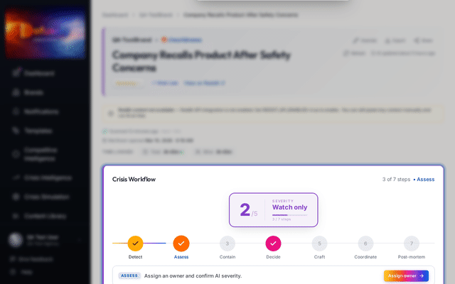 AI Summary with bullet-point analysis, Spread Monitor showing cross-platform activity across r/news and r/technology, Defuse Strategies with pros and cons, and AI Response Drafts in multiple tones with Copy for Reddit buttons
