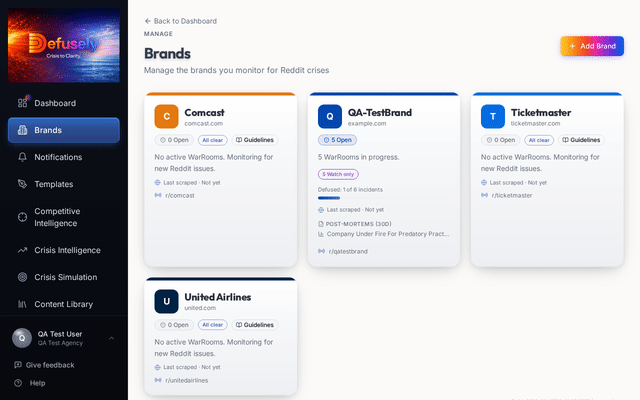 Adding a new brand in Defusely: typing a brand name triggers auto-fill that discovers brand color, detected color palette, logo, and AI-inferred voice and guardrails including tone, brand summary, and do/don't phrase chips