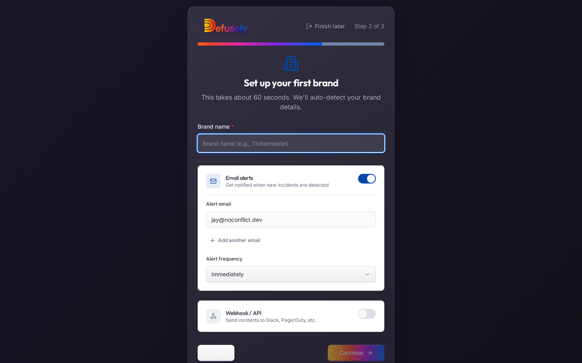 Defusely brand setup screen showing auto-fill in action: type a brand name and watch colors, voice guidelines, and Reddit signals populate automatically