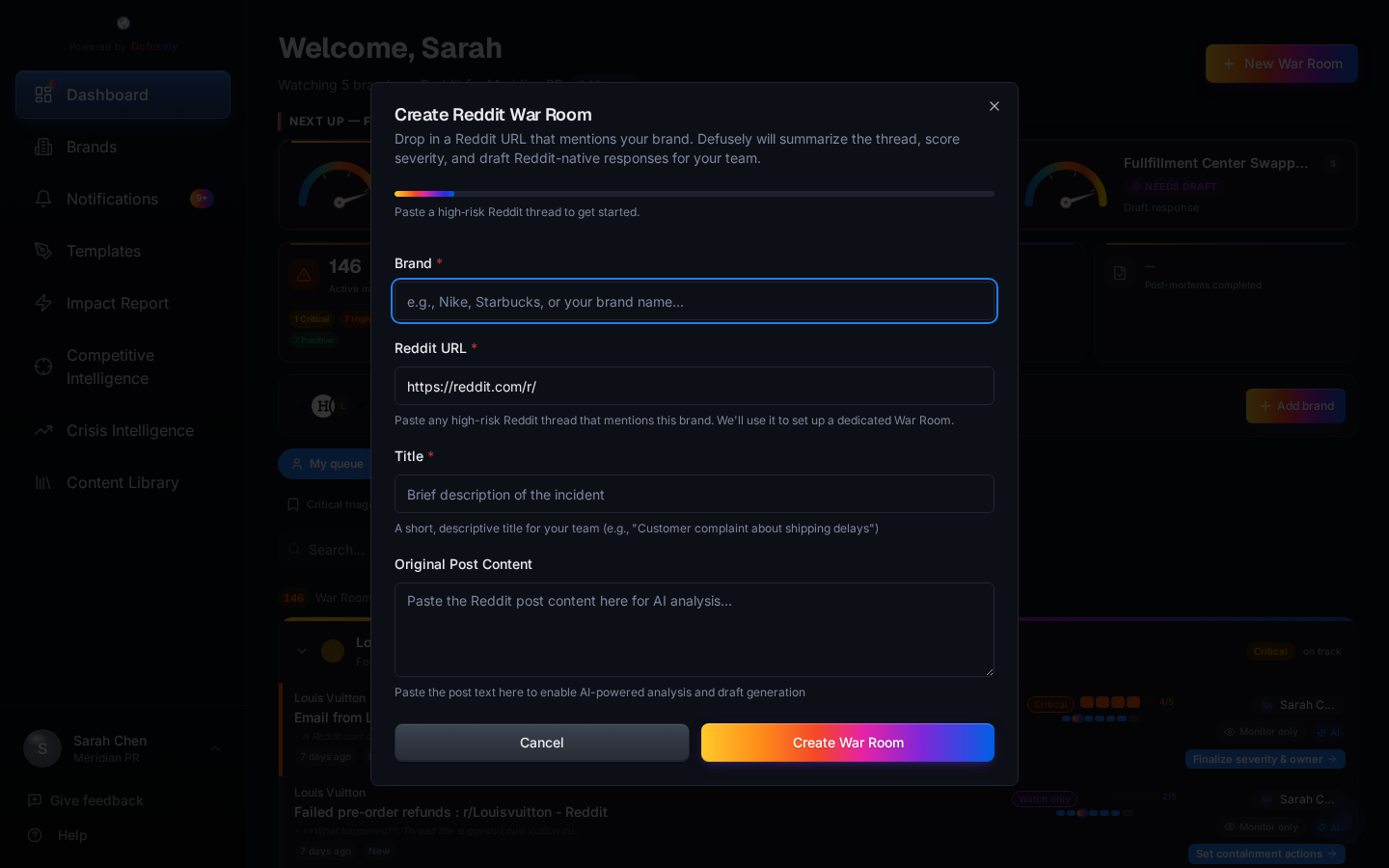 Defusely dashboard showing severity-scored Reddit crisis alerts for PR teams