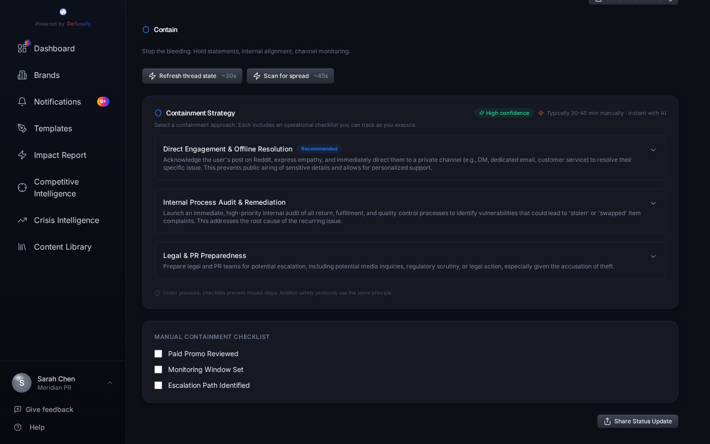 War Room containment strategy with three tracks: internal alignment, fact-finding tasks, and response hold status
