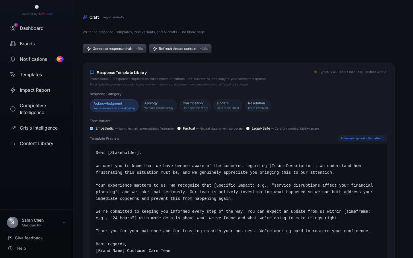 Response drafting with AI-generated templates in multiple tones