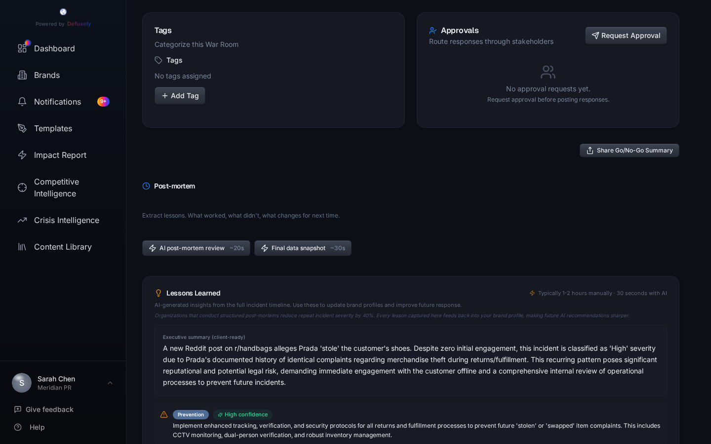 Approval workflow with sign-off chain for PR, legal, and executives
