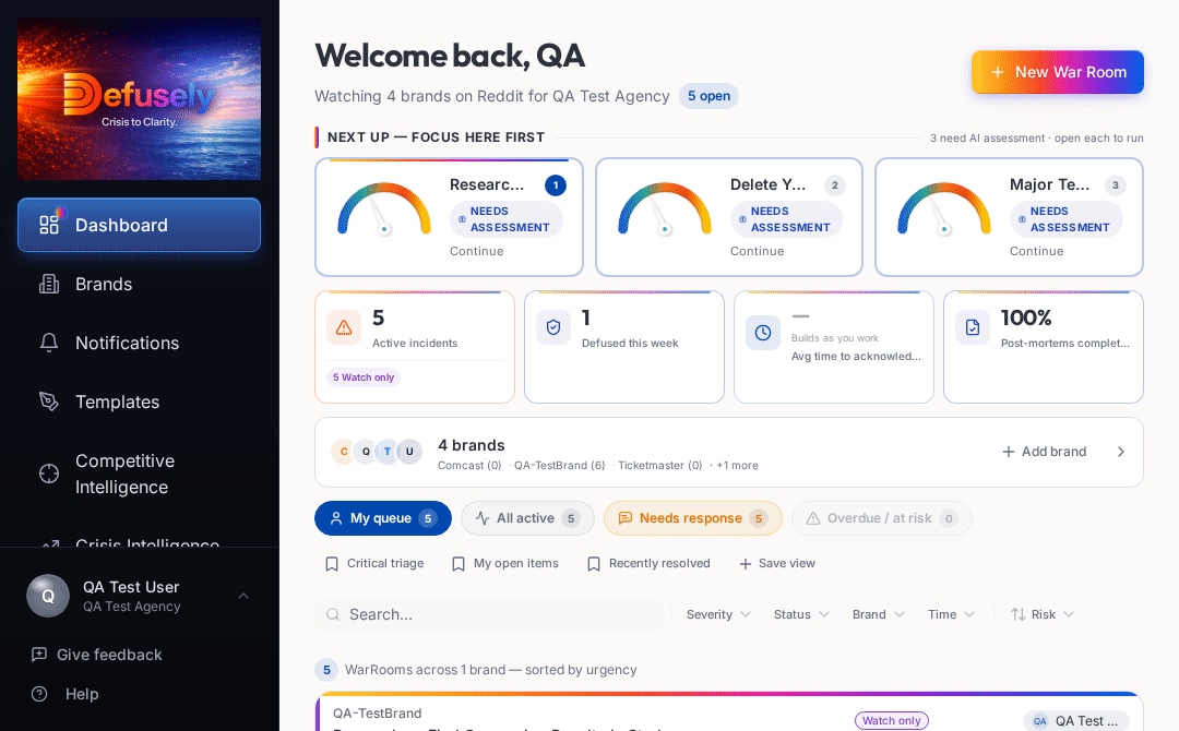 Animated walkthrough showing the Defusely dashboard with active War Rooms, then navigating into a War Room with AI severity scoring, thread analysis, and response drafting